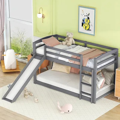 Produktbild von Etagenbett für Kinder und Jugendliche, Kinderbett mit Rutsche, Massivholzrahmen, einfache Montage, 90x200cm, Grau