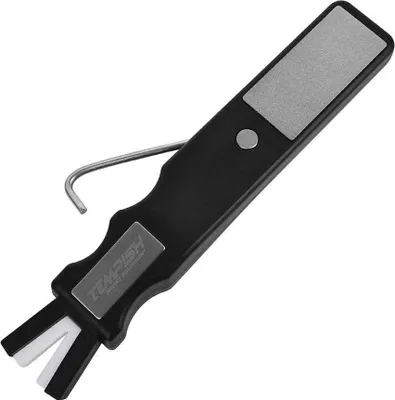 A black manual blade sharpener with a gray sharpening surface and white sharpening elements.