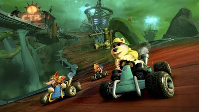 Cartoon characters racing in karts on a colorful track with futuristic structures in the background.
