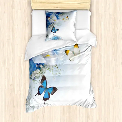 Produktbild von ABAKUHAUS Blumen Bettbezug Set für Einzelbetten, Wilde Blumen Schmetterlinge, Milbensicher Allergiker geeignet mit Kissenbezug, Hellblau