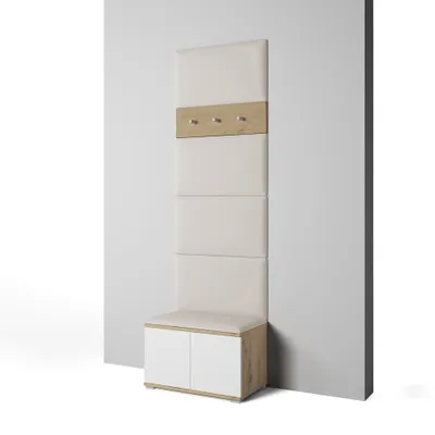 Produktbild von Garderoben-Set Aura version 6 mit Schuhregal und Polsterplatten, Ideal für Flur und Eingangsbereich (Weiß / Eiche Artisan, Trinity 02)
