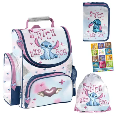 Produktbild von Schulranzen für Jungen und Mädchen, 4er-Set - Schul-Rucksack für Kinder mit Federmäppchen - Schuhbeutel und Hausaufgabenheft - Stitch Motiv