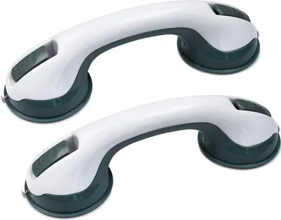 Produktbild von CEEDIR Mobiler Haltegriff, 2 Stück, L 30cm, H 8cm, B 9.5cm, Saugnapf Ø 9.5cm, ABS-Kunststoff, Hellgrau grün, für Bad, Dusche, WC, Senioren, Kinder & Behinderte, einfache & sichere Montage auf glatten Fliesen.