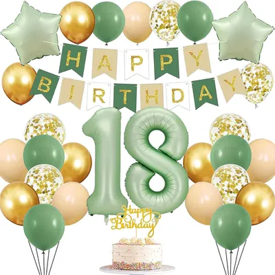 18. Geburtstag Deko-Set grün-gold, 29-teilig, mit Banner & Zahlenballon