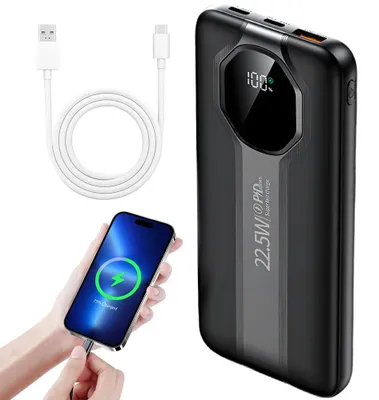 Immagine prodotto di Power bank solare portatile - Power bank mobile - 20.000 mAh - Ricarica rapida da 22,5 W - Display digitale - Ideale per viaggi e campeggio