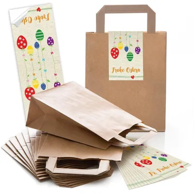 Produktbild von 25 kleine braune Papiertüte Ostern Oster-Verpackung Geschenktasche 18 x 8 x 22 cm kleine Papiertaschen + 25 Aufkleber grün braun HASENGRUSS Ostergeschenke verpacken Kinder OsternestBunte Ostereier / 25 Stück