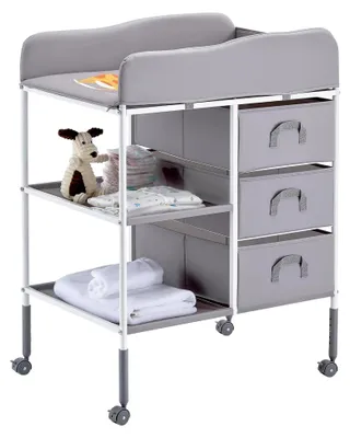 Produktbild von Tragbare Wickelstation mit 3 Stoffschubladen und feststellbaren Rädern, höhenverstellbare multifunktionale Baby-Wickelkombi mit Aufbewahrungs-Organizer in Grau