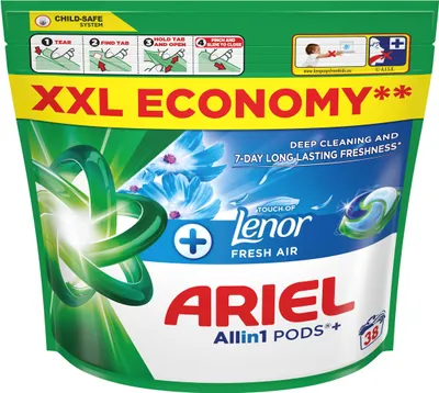 A pouch of Ariel Allin1 PODS+ with a touch of Lenor Fresh Air.