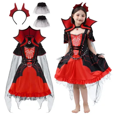 Vampierkostüm für Mädchen, rot-schwarz, Gr. M (8-10 J.)