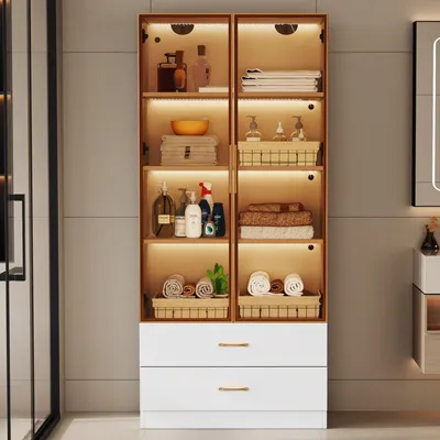 Produktbild von Badezimmerschrank 75 cm breit mit LED Lichtleiste Glastür & 2 Schubladen Hochschrank White