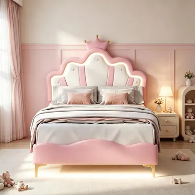 Productafbeelding van INONEFT Gestoffeerd bed 90x190 cm met LED-verlichting, prinsessenbed met verstelbaar hoofdeinde, enkelbedframe met lattenbodem, kinderbed voor meisjes, Polyurethanmateriaal, roze