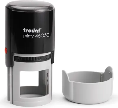 Produktbild von Trodat runder PRINTY 46050, rund max. 50 mm, Gehäuse schwarz, individuelle Stempelplatte mit Ihrem Wunschtext, Stempelkissen schwarz