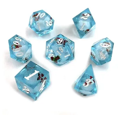 Produktbild von Lapi Toys DnD Sharp Edge Würfelset Candy Cane Frost – 7 scharfkantige RPG Würfel aus Resin – Hellblau / Transparent