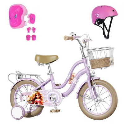 Produktbild von Habib Gruppe Mädchenfahrrad Klassik | Inkl. Luftpumpe & 6-teiligem Schutz-Set | Kohlenstoffstahlrahmen & Duales Bremssystem | Mitwachsend & sicher für Mädchen 3-8 Jahre: Lila / 14 zoll