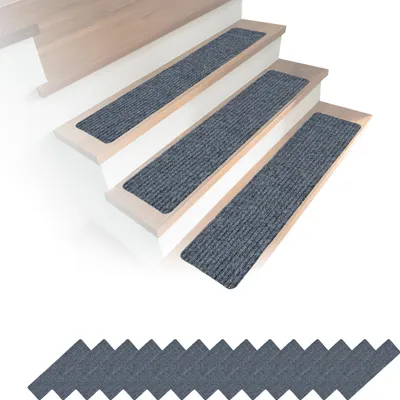 Produktbild von Relaxdays Stufenmatten 16er Set, rechteckige Treppenstufenmatten, 75 x 20 cm, selbsthaftende Treppenteppiche, hellgrau