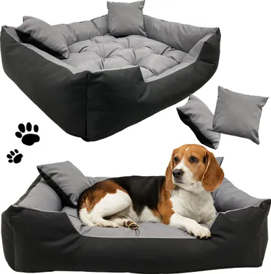 A collage showing a dog bed from different angles, including one with a dog lying in it, and separate pillows. Paw prints are also shown.