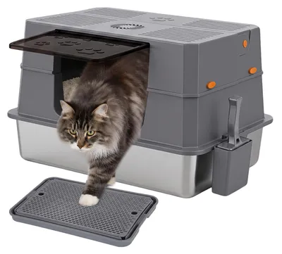 Image de Litière pour chat Peviasot XXL en acier inoxydable, dimensions 71 x 51 x 43 cm, semi-ouverte avec couvercle rabattable latéral. Litière pour chats de grande taille, disponible en gris et noir