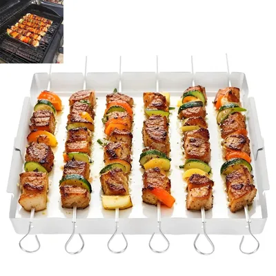 Produktbild von Edelstahl-Grillspieß-Set ,klappbarem Spießgestell, 6 lange Grillspieße, wiederverwendbares Gestell, ideal für Partys und Outdoor-Grillen