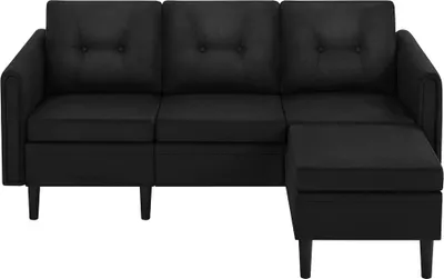 Produktbild von Yaheetech Ecksofa, Schwarz, 3-Sitzer, mit Hocker und 2 Seitentaschen, Polyester, 350 kg Tragkraft, abnehmbare und waschbare Bezüge