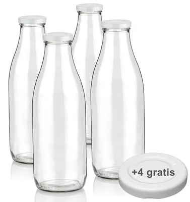 Produktbild von Milchflaschen 1L Smoothie Saft Flaschen 1000ml leere Glasflaschen Deckel BPA frei, 4 Milchflaschen mit 8 Deckeln