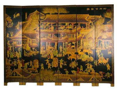 Produktbild von Fine Asianliving Paravent Chinesische Trennwand Handgefertigd Golden Village B240xH182cm