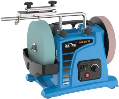 A blue wet grinder with a sharpening stone and a polishing wheel.