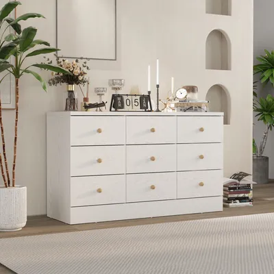 Produktbild von Kommode weiß mit 9 Schubladen,Schubladenschrank,Aufbewahrungsschrank,Kommode mit Massivholzgriffen für Schlafzimmer,Wohnzimmer,Weiß,120 x 40 x 70 cm