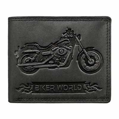 Produktbild von Stilvolles Büffelleder Portemonnaie Geldbörse mit RFID-Schutz und geprägtem Motorrad-Motiv in Schwarz Echtleder, KI-generiertes Bild