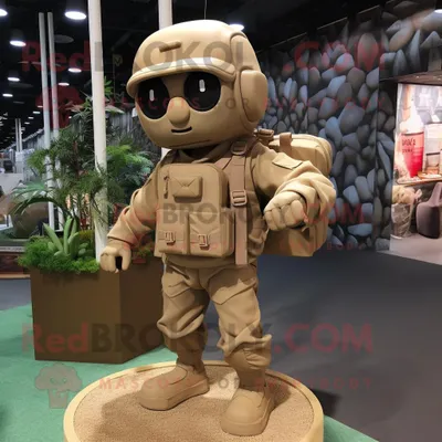 Immagine prodotto di Personaggio in costume della mascotte REDBROKOLY Commando beige vestito con una tuta e valigette