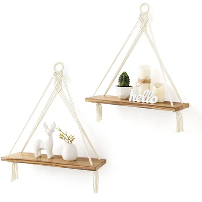 Imagen del producto de Omgoods - Juego de 2 estanterías - Estanterías de madera para pared - Estantes flotantes - Decoración de pared bohemia - Estantes rústicos - Ideales para plantas/fotos