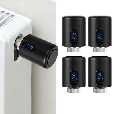 Obrázek produktu pro Inteligentní termostat pro radiátory ISOISL, WiFi, ovládání přes aplikaci, kompatibilní s platformami Smart Life/Tuya, 7 adaptérů pro ventily, černý, sada 4 kusů