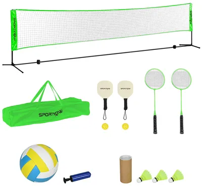Produktbild von SPORTNOW Badminton Set, Badmintonnetz mit Ständer Federbällen 4 Schlägern, Stahl