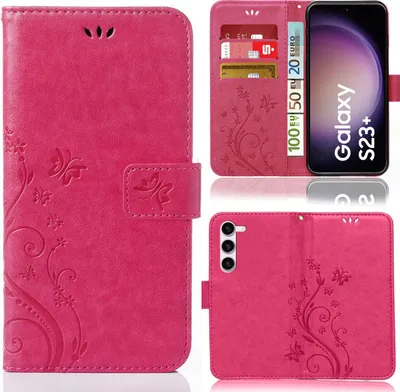 A collage of images showing a pink flip phone case with a floral and butterfly design, with one image showing the inside with card slots and currency, and another showing the back with a camera cutout.