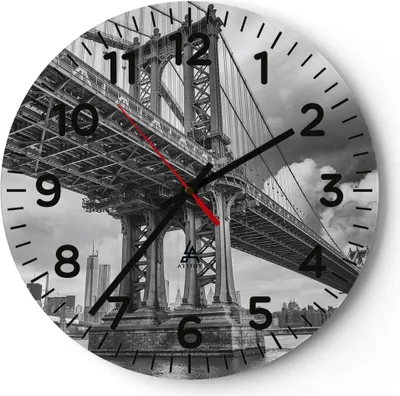Produktbild von Wanduhr - Rund - Glasuhr - Manhattan Brücke Schwarzweiß - 30x30cm - Schleichendes Uhrwerk - Lautlos - zum Aufhängen bereit - Dekoration Modern - Wanddekoration aus Glas - C4AR30x30-4156