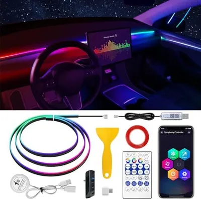 Produktbild von Tesla Model 3/Y Dreamcolor Acryl -Innenauto -LED -Streifen -Leuchtbewegungssensorschalter & USB -Hub, 55,1 Zoll Neonlicht, RGB -Farben, Umgebungsbeleu