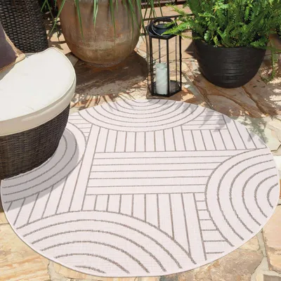 Produktbild von Teppich Outdoor Wetterfest - Beige, Creme - Wendeteppich - 120 cm Rund - Geometrisches Muster