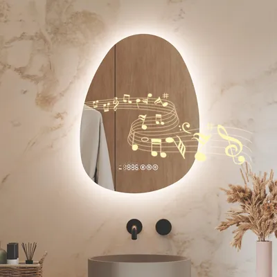 Image de S'AFIELINA Miroir de salle de bain avec éclairage Asymétrique 60 x 45 cm avec 3 couleurs de lumière réglable, antibuée, Bluetooth, horloge, température, fonction mémoire