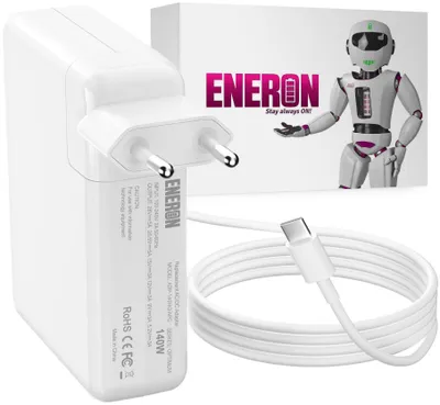 A white 140W USB-C power adapter and a white USB-C cable are displayed on a white background, with a box featuring the ENERON logo and a robot mascot in the background.