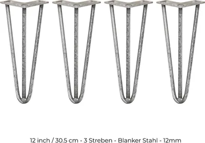 Produktbild von SKISKI LEGS 4 x 3 Streben Hairpin-Legs Haarnadelbeine Haar-Nadel-Beine Haarnadel-Beine Tischbeine Stuhlbeine Möbelbeine Möbelfüße Haarnadel-Tischbeine 30.5cm H 12mm D Rohstahl