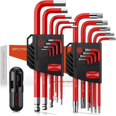 Produktbild von Innensechskant Satz 18tlg. Kugelkopf HX 1,5-10mm & Torx TX T10-T50 Cr-V Stahl mit Halter T-Griff