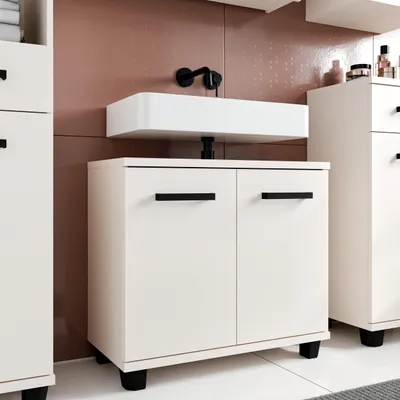 Produktbild von Forte VERIS Waschbeckenunterschrank 70, moderner Badschrank, 2-türig, Kontrastgriffe und -Füße, Holzwerkstoff, Kaschmir Beige, 68,6 cm breit x 62 cm hoch x 34,8 cm tief