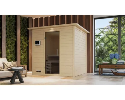 Produktbild von Massivholzsauna Karibu Wojave ohne Ofen mit Dachkranz und graphitfarbiger Ganzglastür