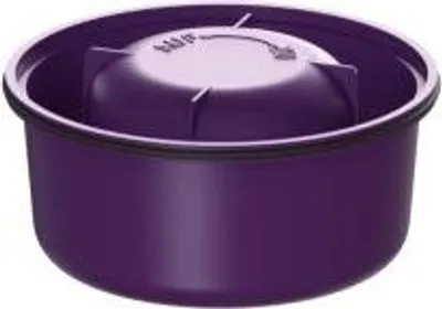 A purple plastic drain trap with a gray lid is shown against a white background.