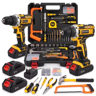 Produktbild von Akkubohrschrauber Set 21V mit 2 Akkus 2000mAh, Schlagbohrmaschine 2-Gang 0-1500 U/min, 25+3 Drehmomentstufen, 10mm Schnellspannfutter, LED, 31-tlg., KI-generiertes Bild