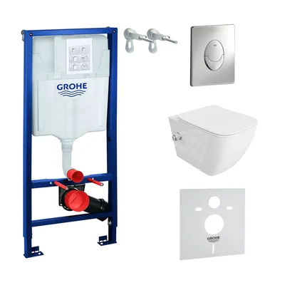 Produktbild von GROHE Vorwandelement Solido Start + Wand Hänge WC Parana Weiß Spülrandlos + WC-Sitz SoftClose | Verchromter Knopf | Komplettset | Unterputz Spülkasten | Toilette Komplett Sett