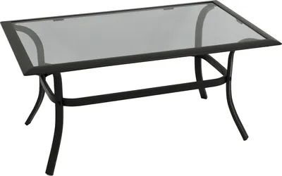 A rectangular coffee table with a glass top and a black metal frame.