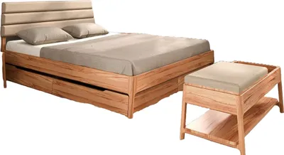 Produktbild von Bett Swig 2 Kernbuche massiv 120x200 mit Polsterkopfteil Beige und Holzbeinen