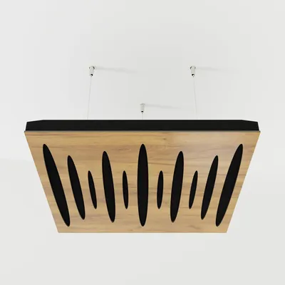 Produktbild von 2er-Pack – Abgehängtes Decken-Akustikpaneel mit Samtstoff und Befestigungsset|50x50x5cm|Schallabsorption und Diffusion|[PULSAR -Eiche|Schwarz]