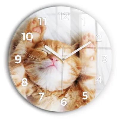Produktbild von Wallfluent Wanduhr – Stilles Quarzuhrwerk - Uhr Dekoration Wohnzimmer Schlafzimmer Küche - Zifferblatt - weiße Zeiger - 30 cm - Schlafende kleine Katze