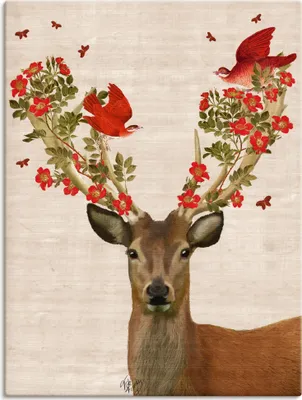 Produktbild von Fab Funky: Hirsch und Vögel Liebe, Produkt:Leinwand, Größe (HxB):80x60 cm / Leinwand